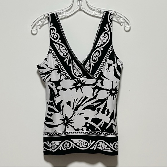 Cache Vintage Elegant Black White Floral Tropical Sleeveless timeless V-neck top - Picture 4 of 7